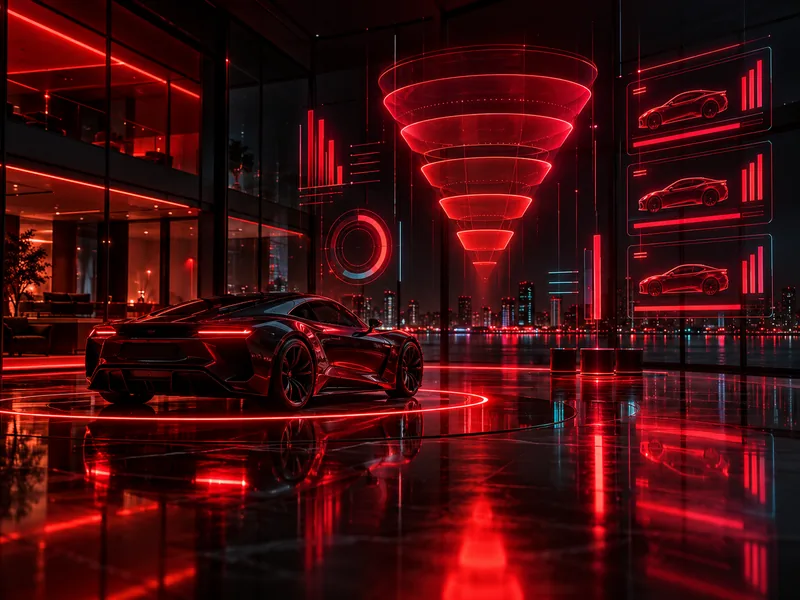 Ilustración: sala de exhibición de autos con un embudo de ventas holográfico