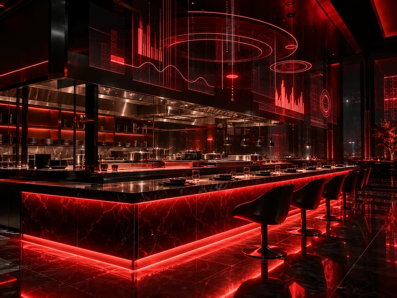Ilustración: barra de restaurante con cocina abierta y gráficas holográficas rojas
