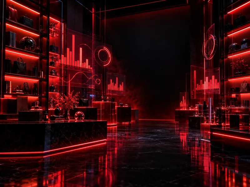 Ilustración: tienda con anaqueles iluminados y gráficas de ventas holográficas
