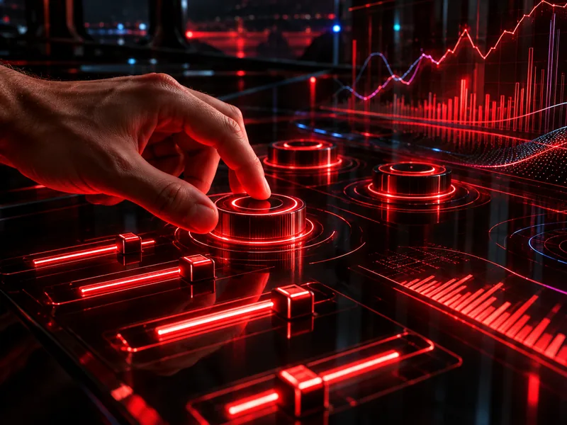 Ilustración: mano ajustando controles deslizables frente a gráficas holográficas