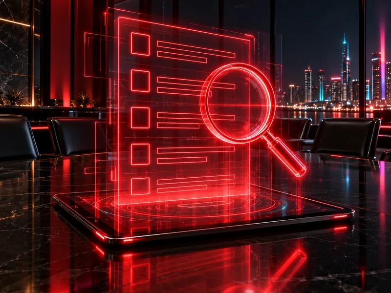 Ilustración: lista de revisión holográfica con una lupa sobre una mesa