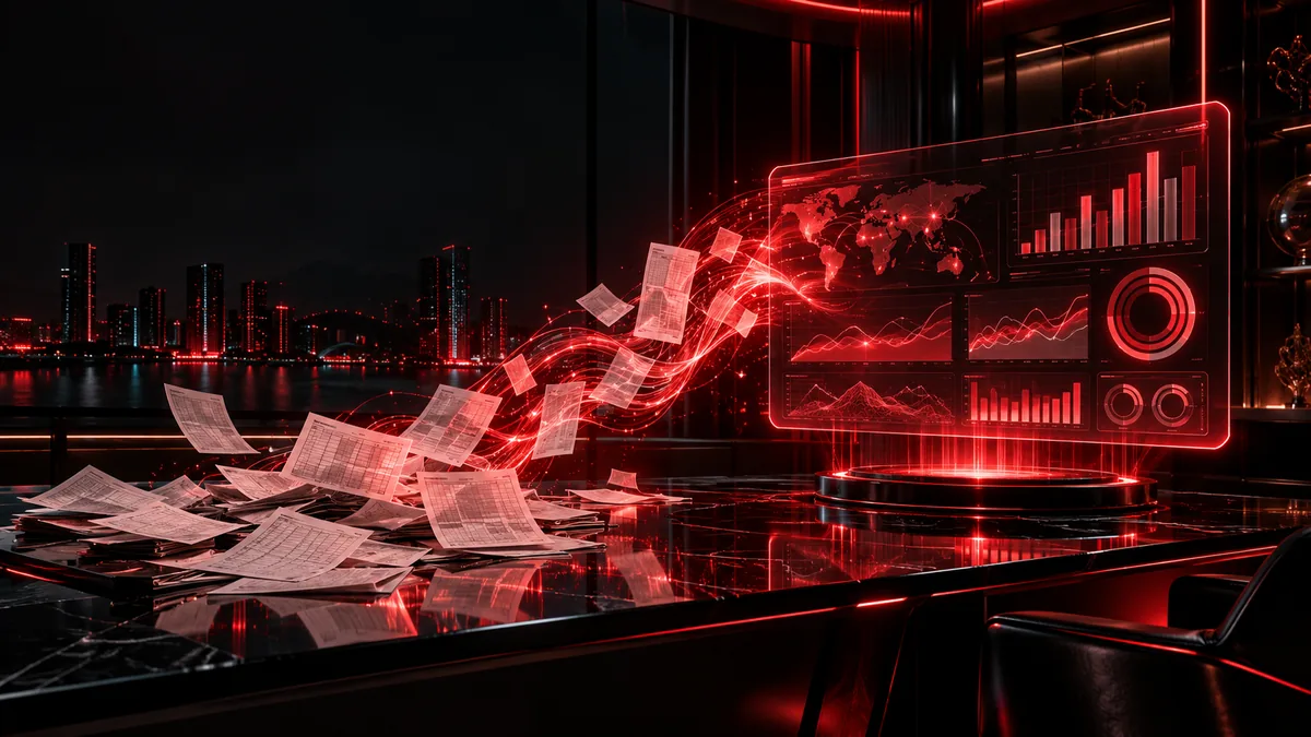 Ilustración: hojas de papel sueltas que se convierten en gráficas de un tablero holográfico rojo