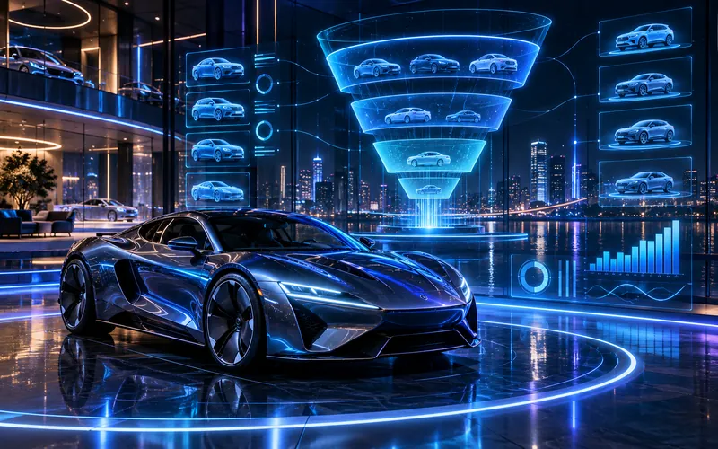 Ilustración: agencia de autos con un deportivo en exhibición y un embudo holográfico de prospectos