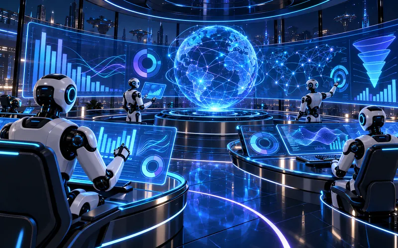 Ilustración: centro de control futurista con agentes robot de IA trabajando frente a pantallas holográficas
