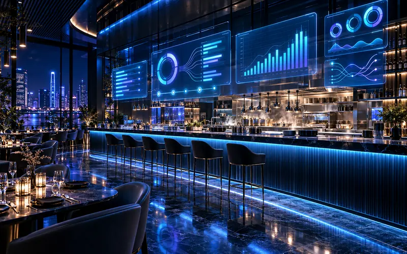 Ilustración: restaurante y bar de noche con pantallas holográficas de ventas