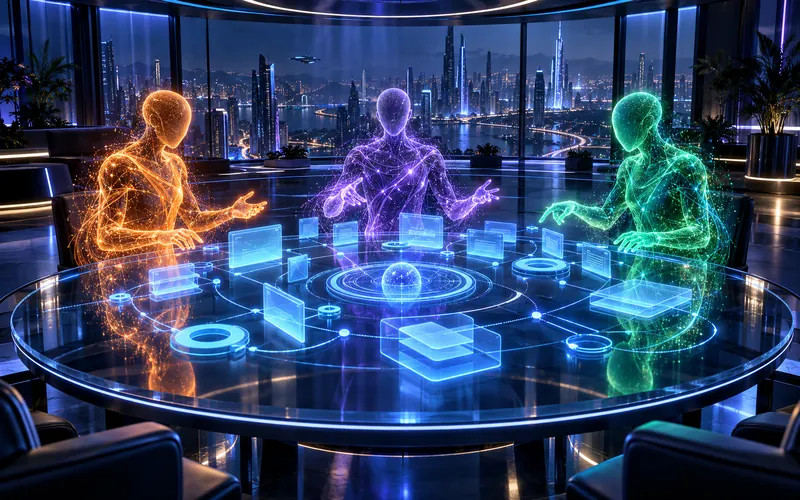 Ilustración: tres IAs holográficas de colores reunidas alrededor de una mesa de proyectos