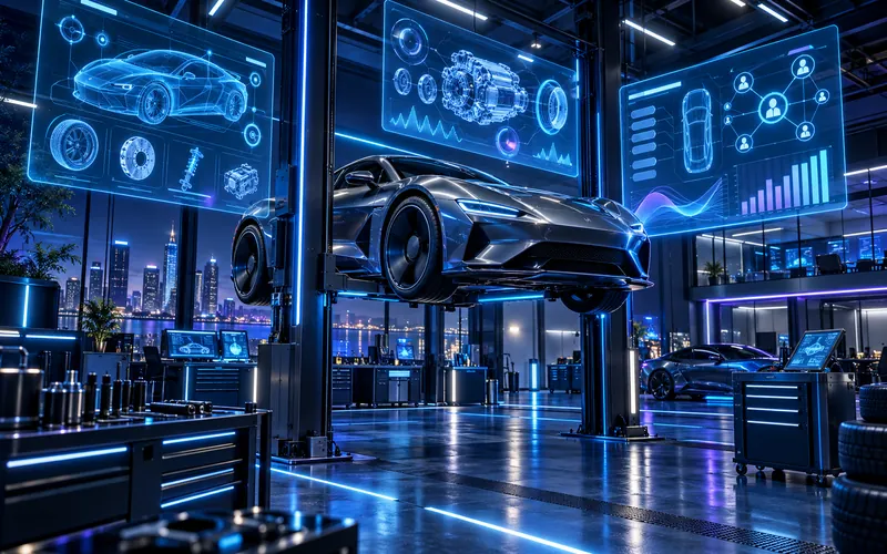 Ilustración: taller automotriz futurista con un auto en el elevador y pantallas de diagnóstico